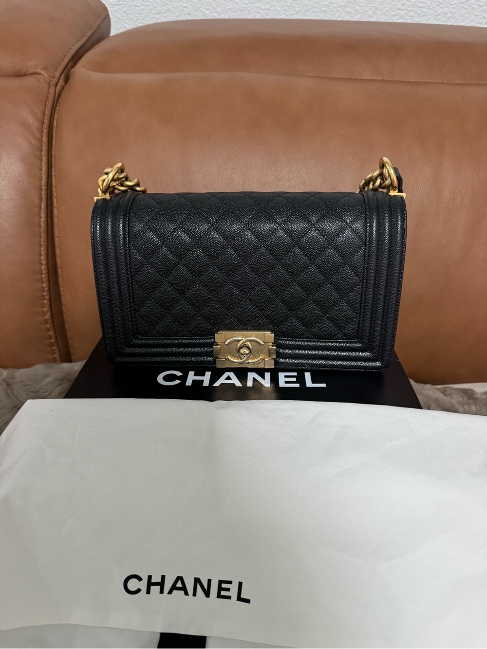 CHANEL Black Quilted Caviar Leather Boy Flap with Gold Hardware